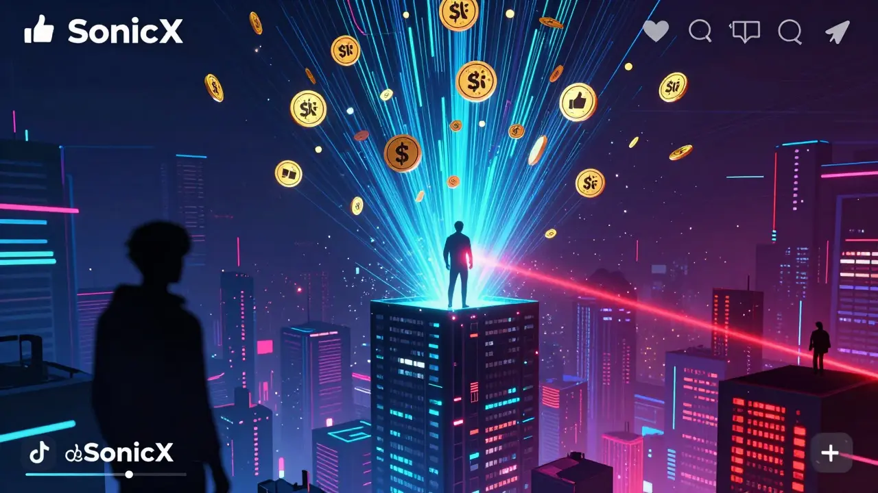 Users create viral videos on SonicX, with SONIC tokens raining down as likes and tips in a neon metaverse.