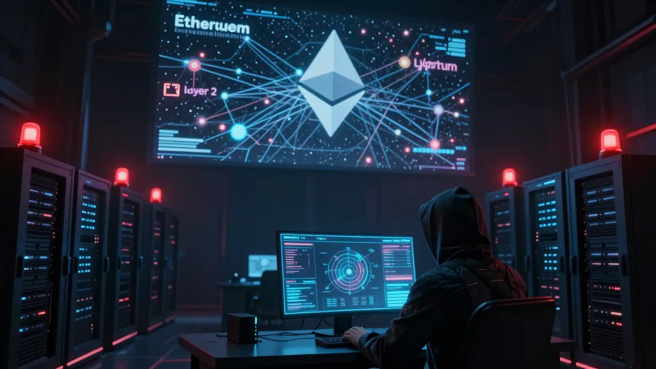 Validator station with holographic blockchain dashboard and Layer 2 network streams.