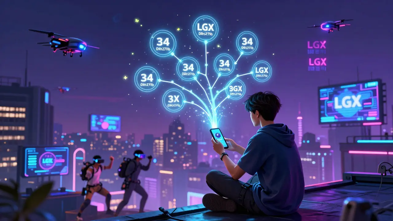 Young person on rooftop with referral tree of LGX tokens glowing like digital fireflies in cyberpunk city.