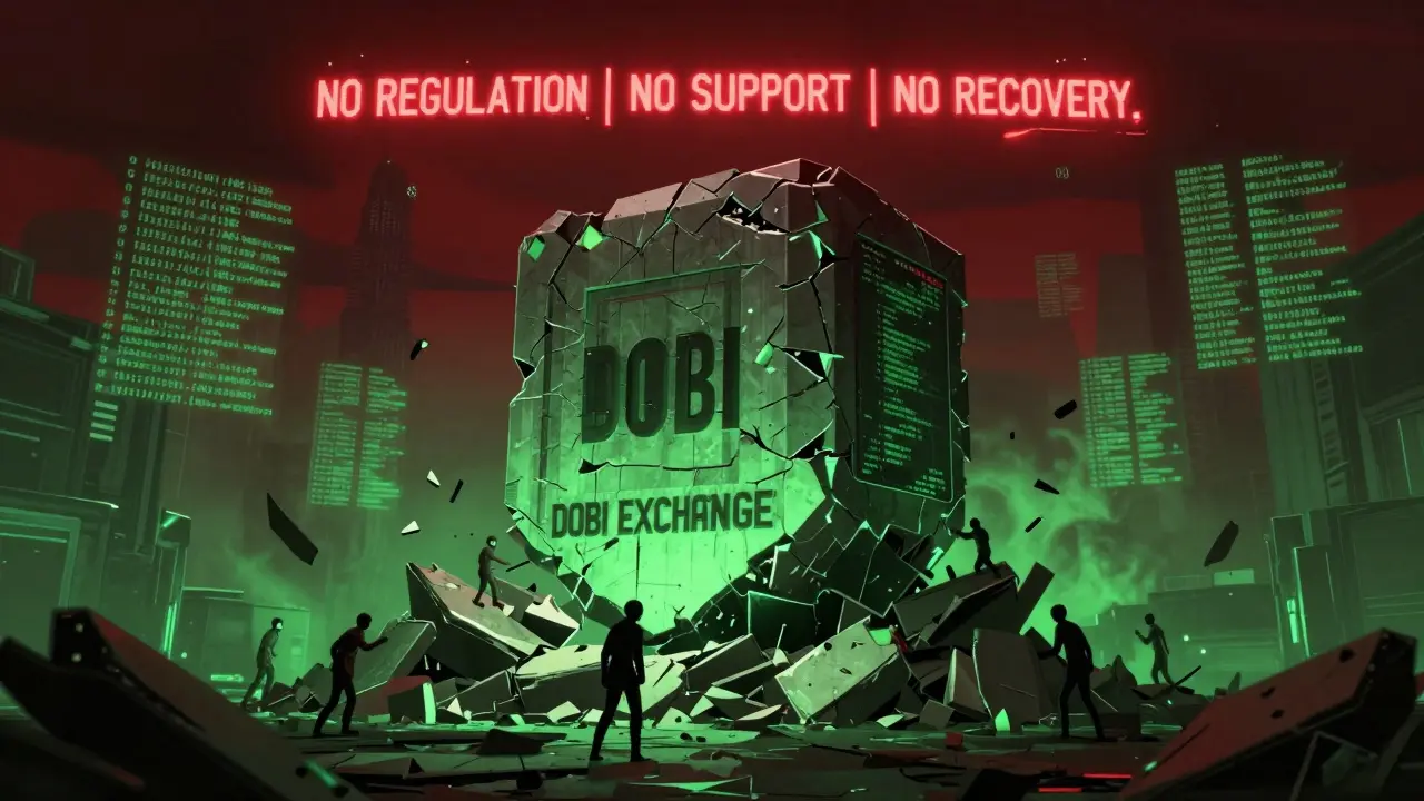 A collapsing blockchain monument labeled DOBI EXCHANGE crumbles into static as avatars flee in a cyberpunk wasteland.