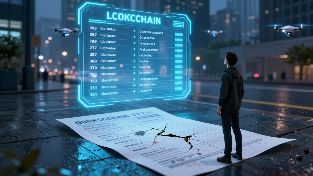 A damaged paper ballot beside a glowing digital vote on a blockchain, symbolizing secure transparency.