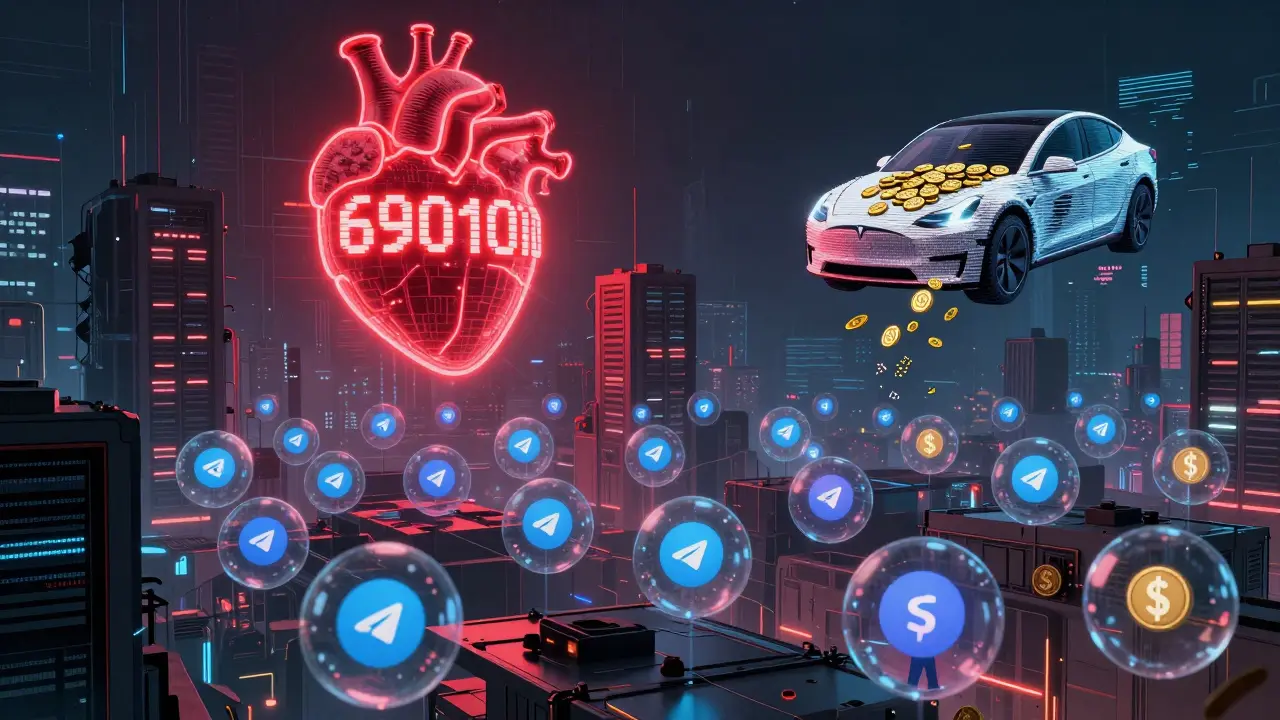 A dystopian city of Telegram users tapping endlessly, with a massive 690-billion-token counter pulsing above.