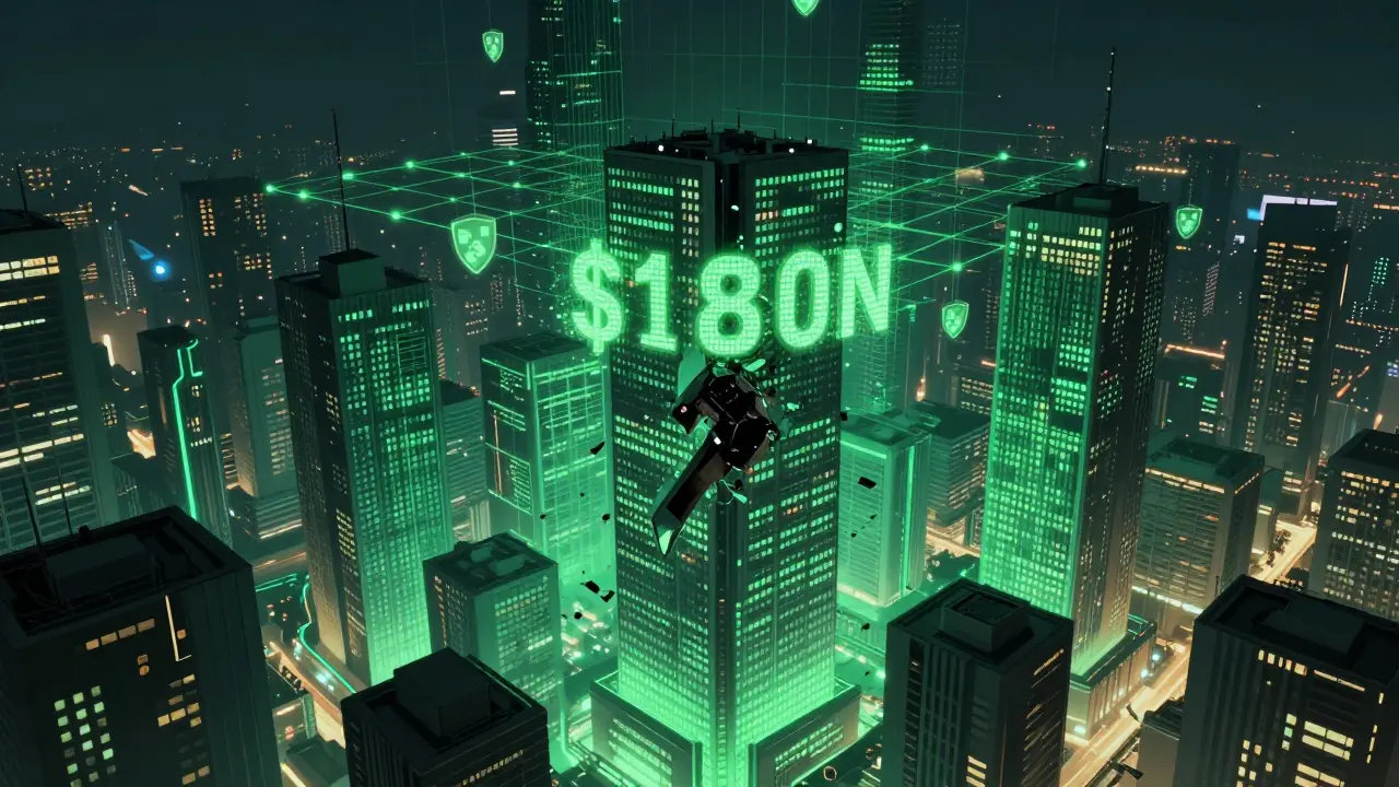 A dystopian city where protected protocols glow green while one collapses from an unmonitored exploit.