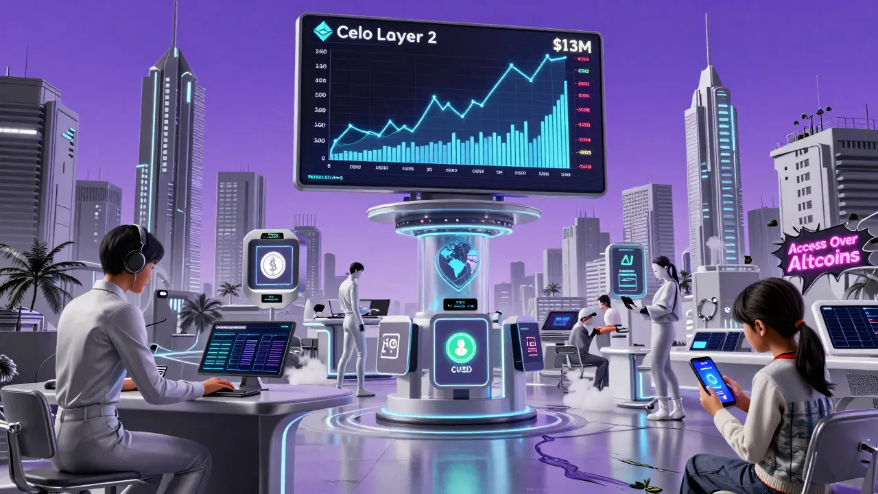 A futuristic financial hub where Celo and Ethereum Layer 2 merge, with users swapping stablecoins and a child sending money via solar-powered phone.