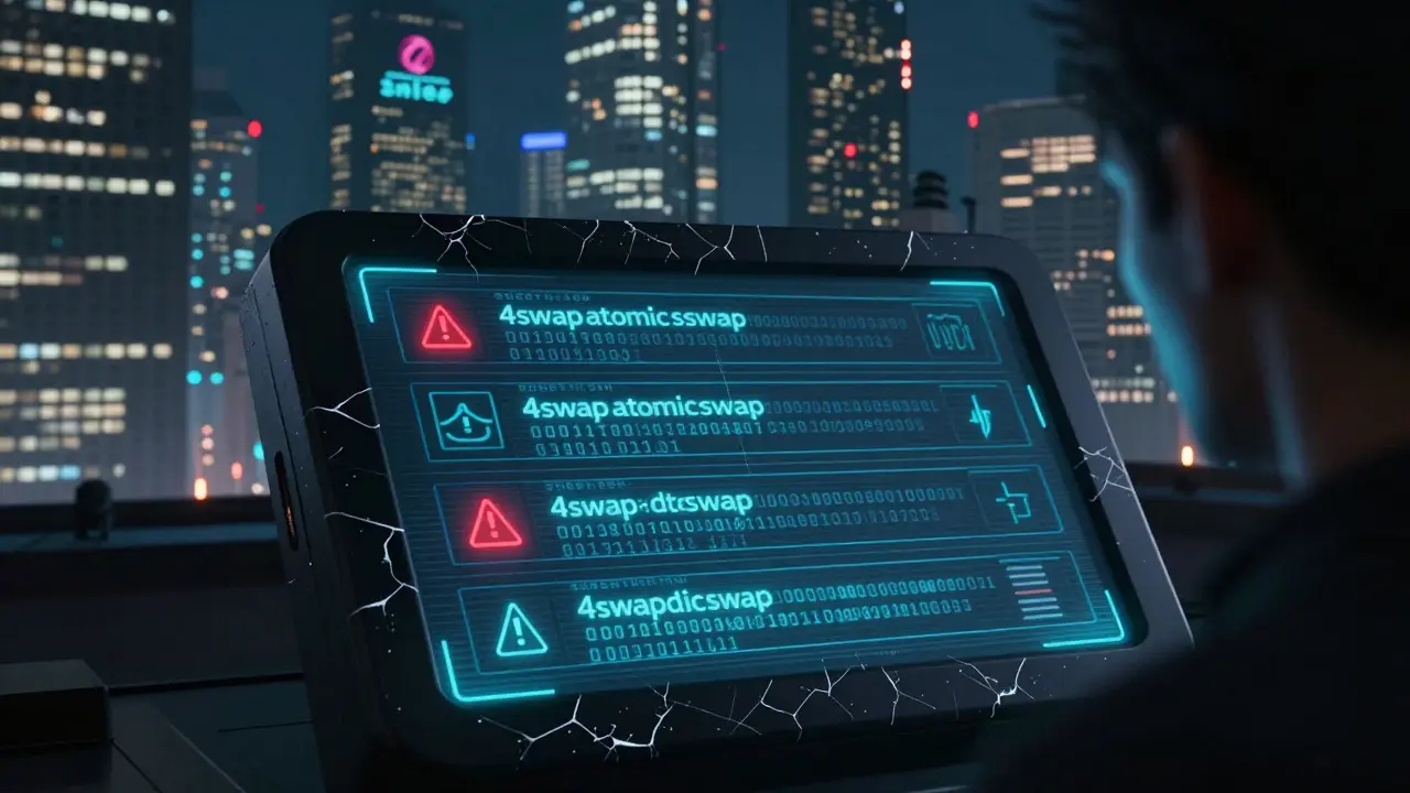 A futuristic wallet interface displaying four atomic swap steps with encrypted hash codes and a blinking red warning.