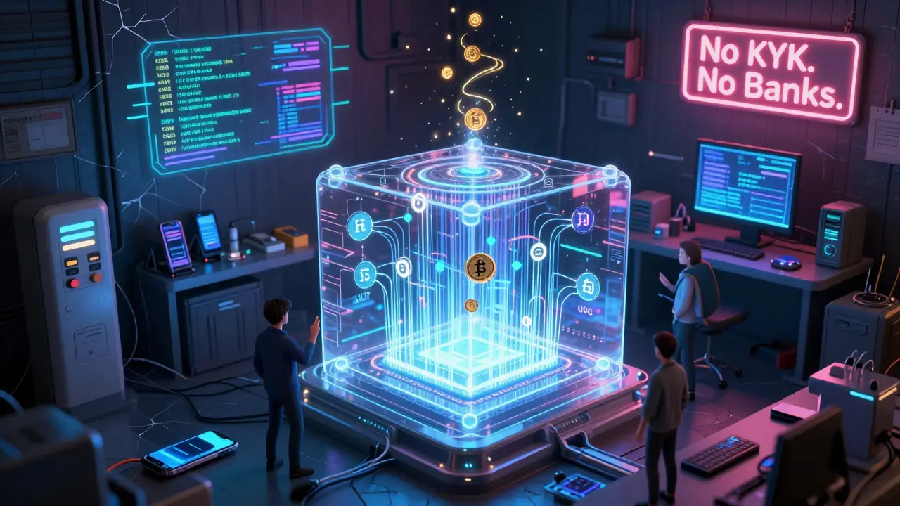 A glowing smart contract core displays concentrated liquidity pools with CELO reward tokens floating around a mobile repair shop.