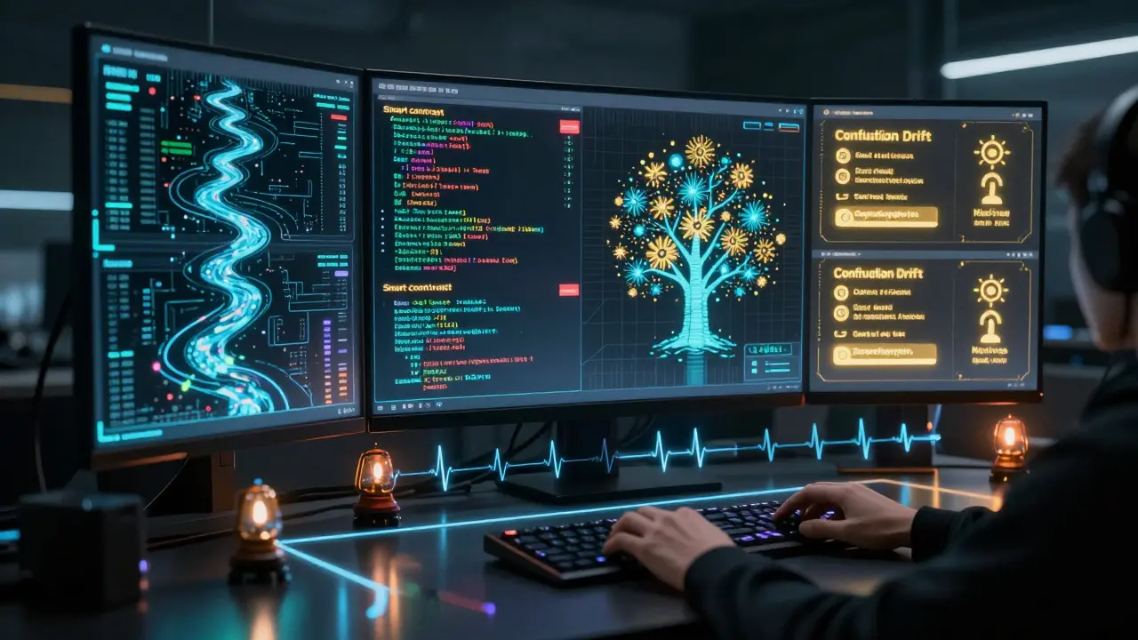 A holographic dashboard monitoring blockchain nodes, smart contracts, and transaction anomalies.