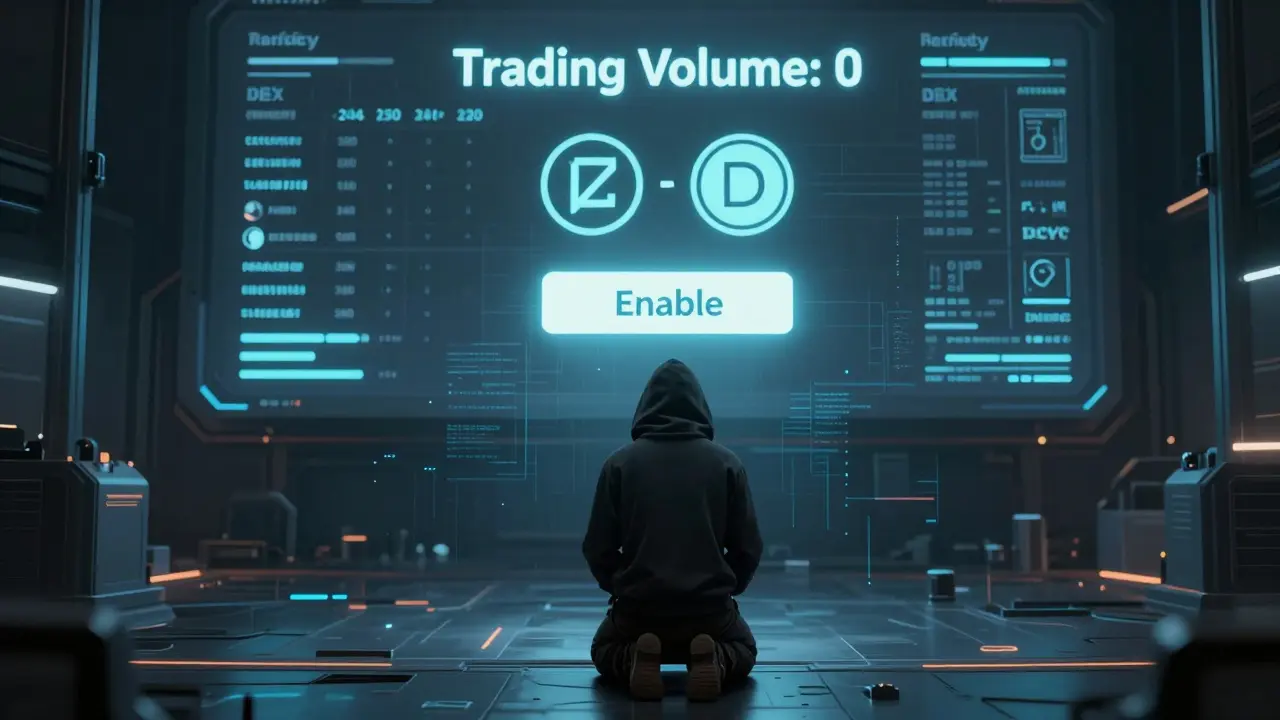 A lone trader performing a swap on eZKalibur with zero trading volume displayed in a cybernetic enclave.