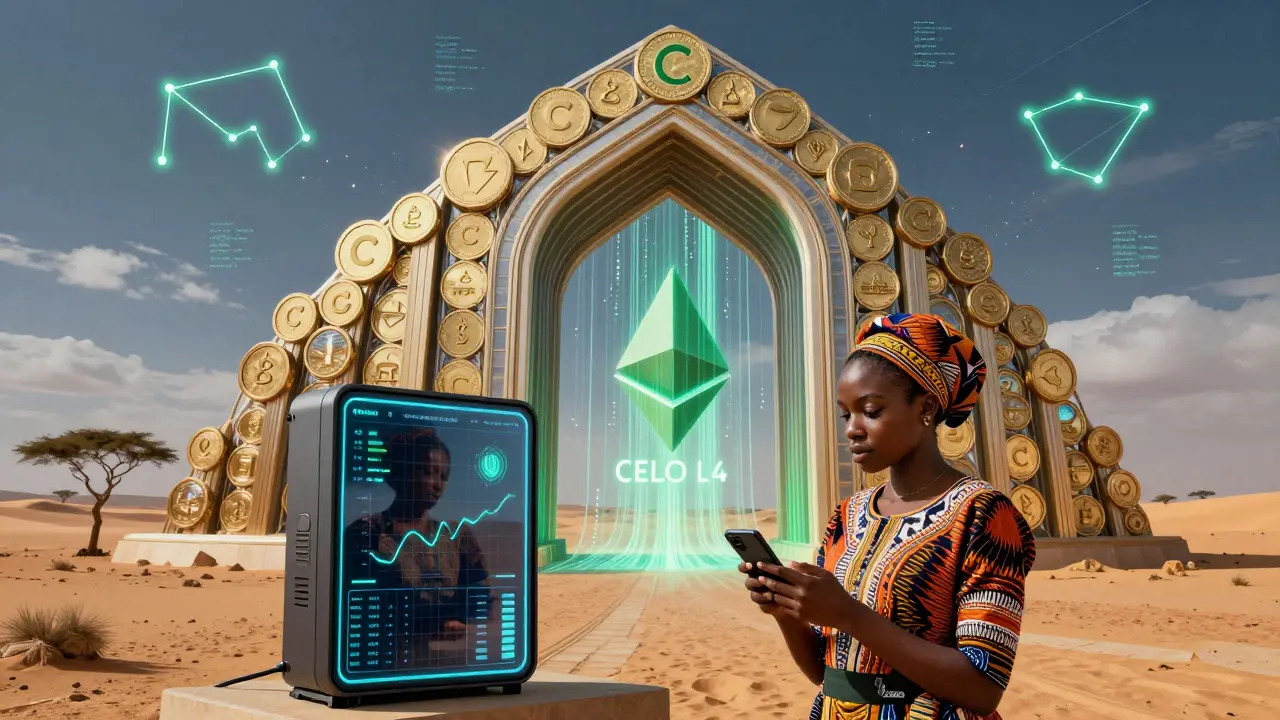 A massive blockchain gateway connects Celo to Ethereum L2, with a user connecting her phone under a desert sky at night.