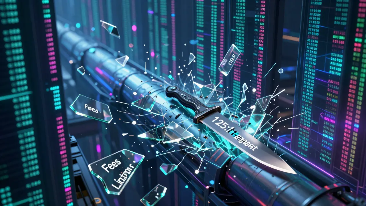 A neon data stream of trading activity with shattered labels floating around a sharp blade labeled '125:1 Leverage'.