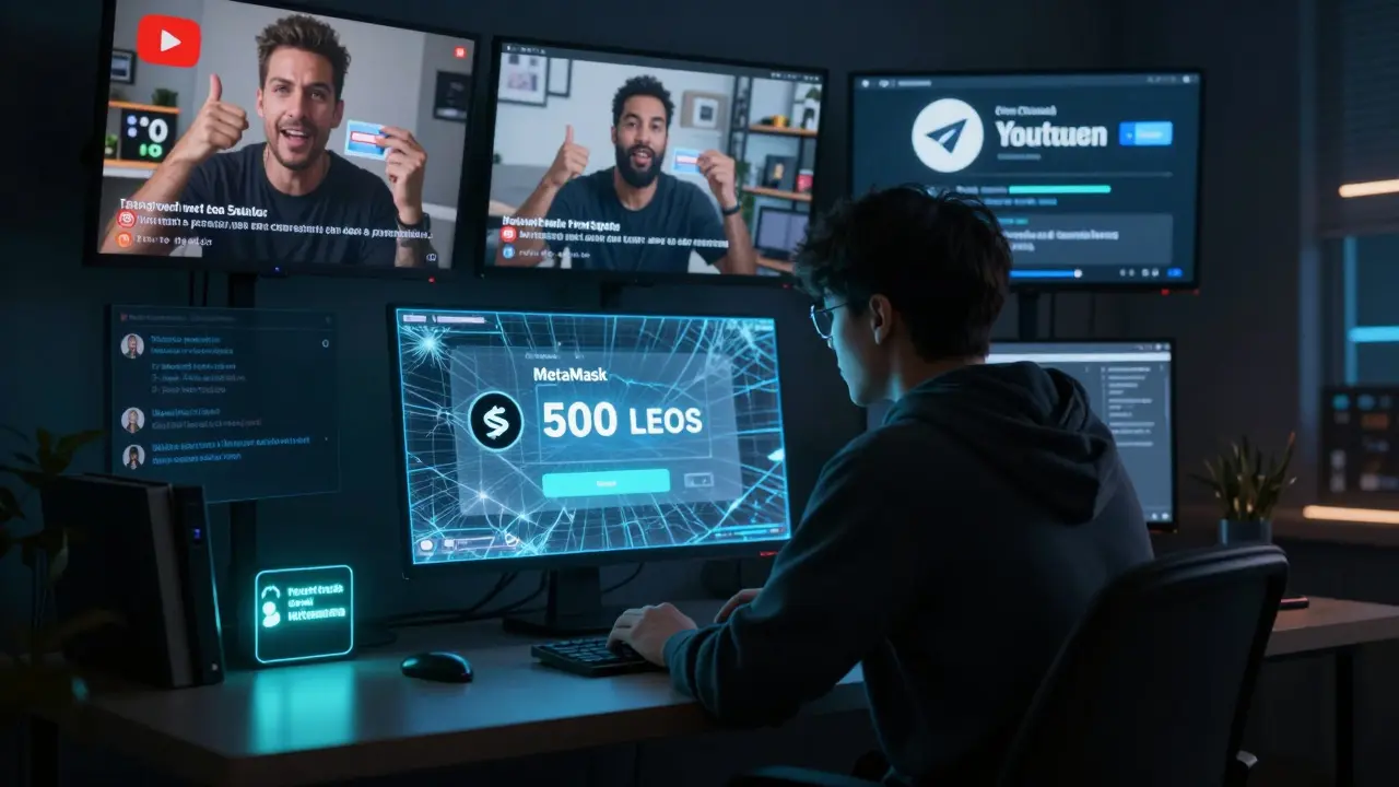 A person staring at a fake crypto wallet notification while behind them, influencer scams play on multiple screens.