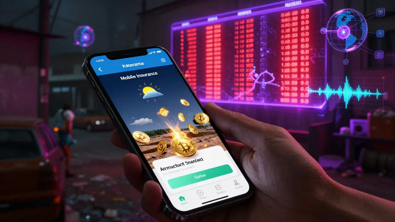 A smartphone screen displays a drought insurance payout being sent to a mobile wallet via blockchain.