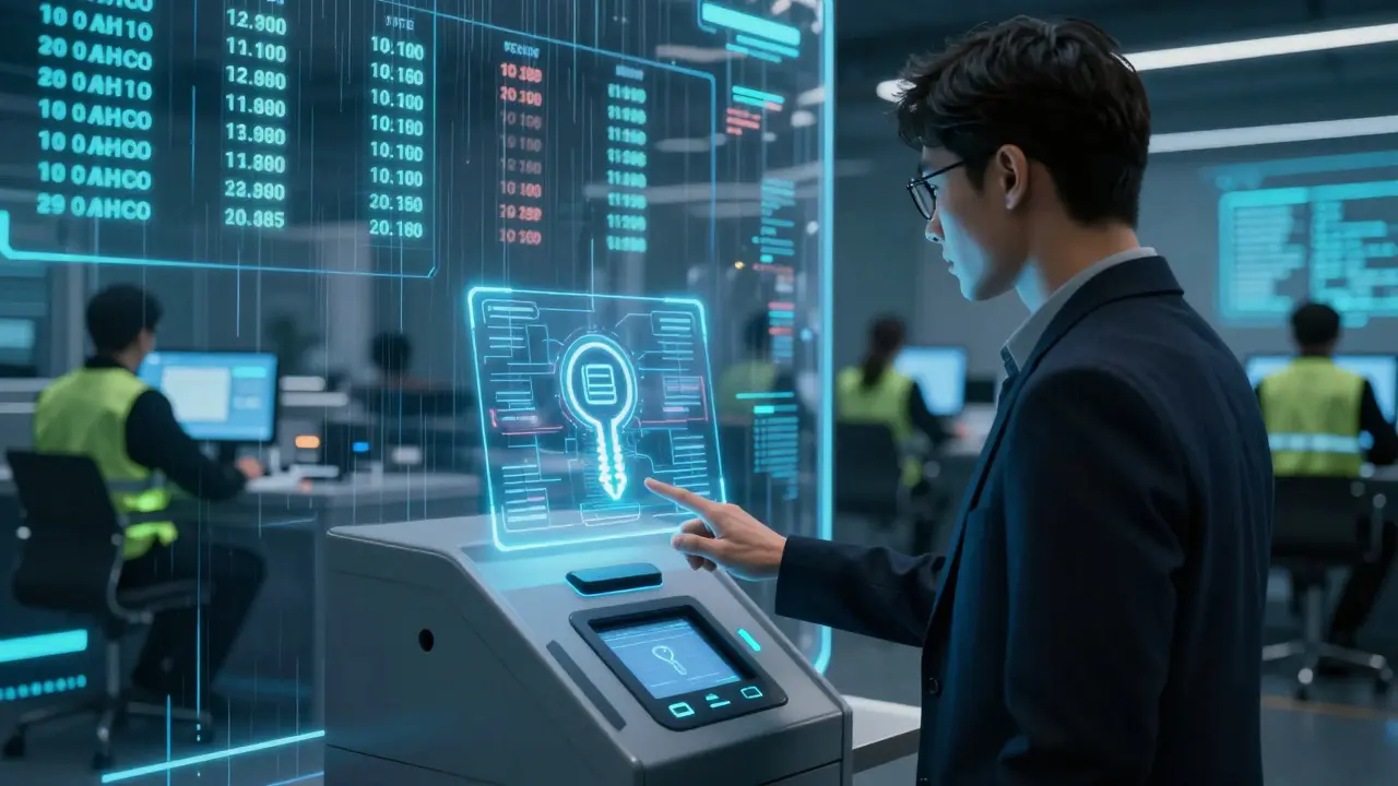 A voter verifying identity via biometric scanner as live votes stream on a public holographic ledger.