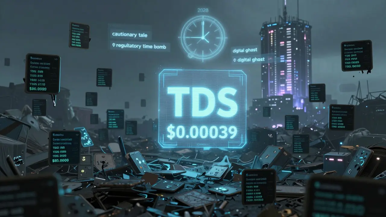 Abandoned crypto wallets decay in a digital graveyard as the TDS token flickers weakly into oblivion.