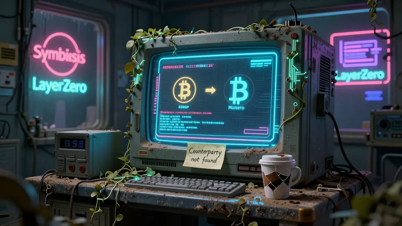 An abandoned 4swap terminal frozen on an incomplete Bitcoin-Monero swap, surrounded by decay and glowing circuit vines.