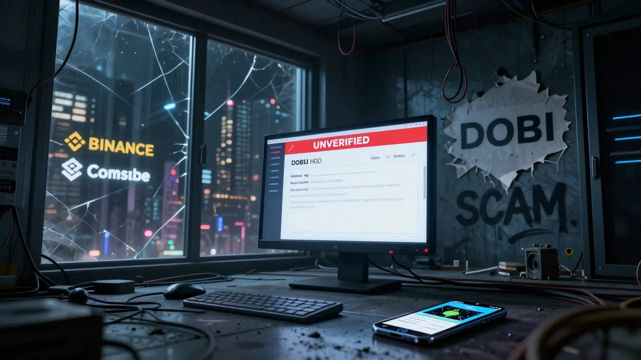 An abandoned server room displays an unverified DOB token contract with peeling DOBI logos and flickering monitors.