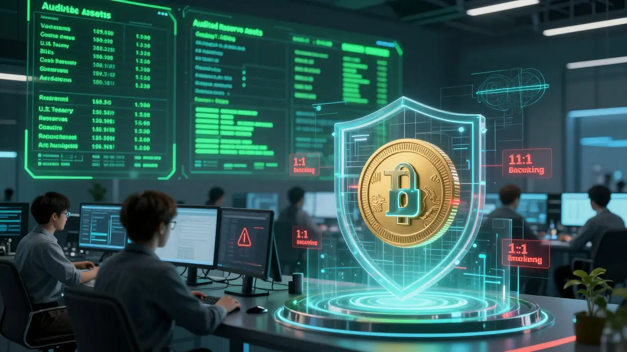 Analysts monitor a holographic dashboard of audited stablecoin reserves.