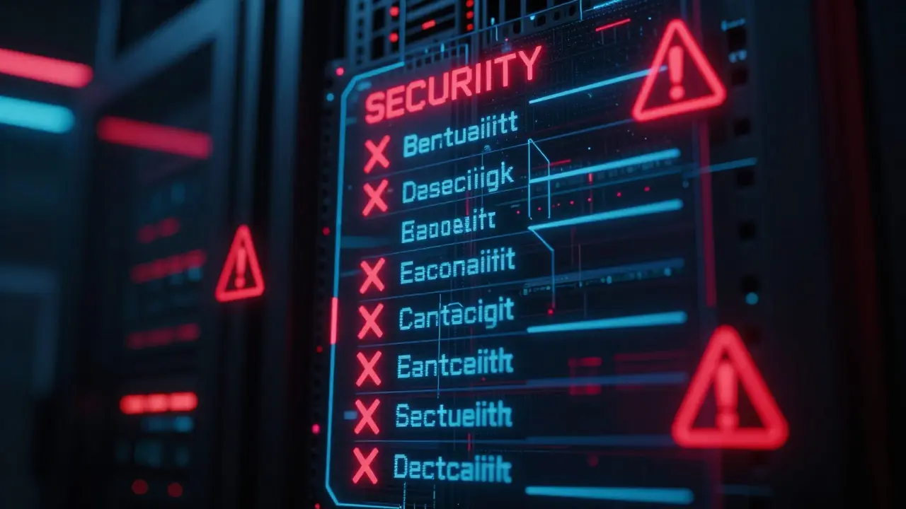 Digital security checklist with red Xs, neon lights in server room, holographic warnings.