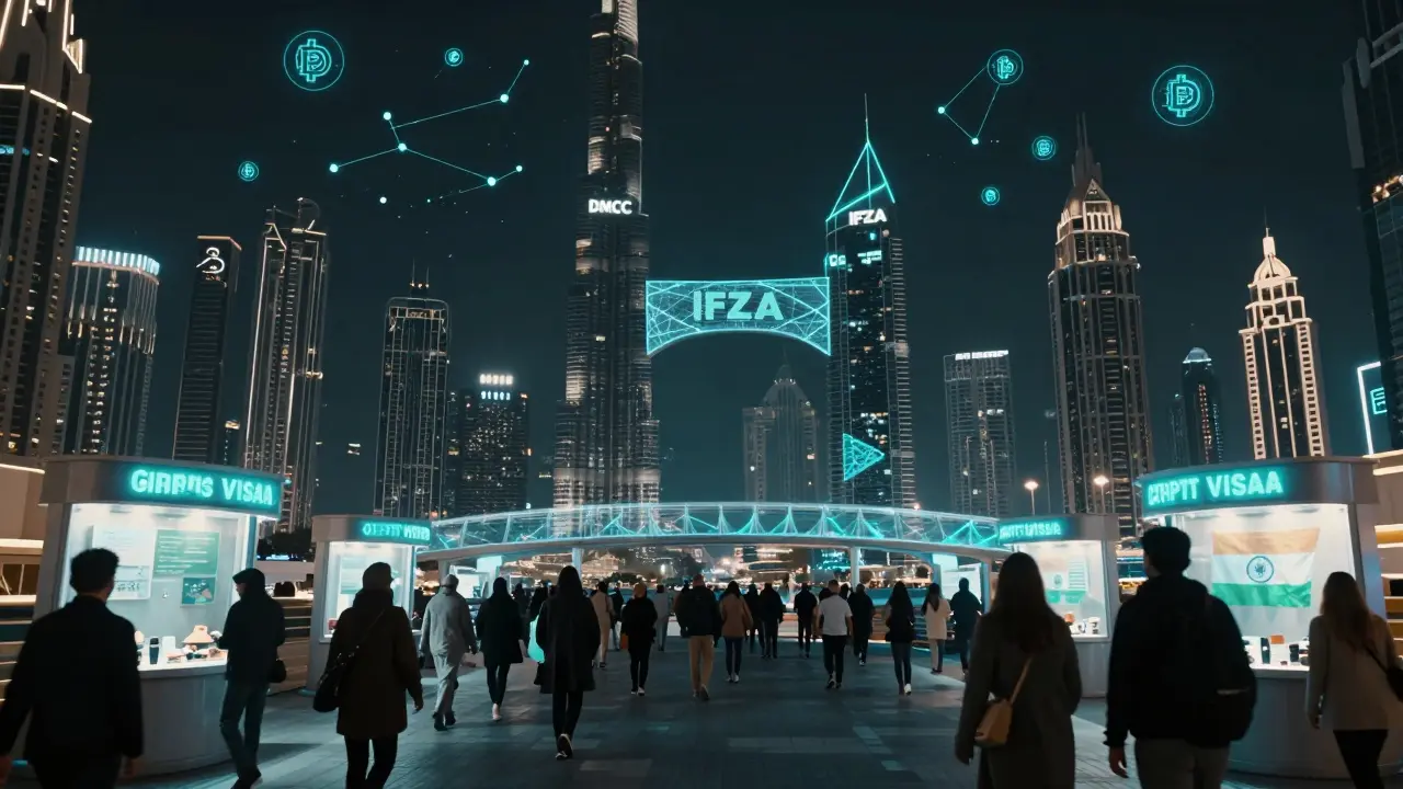 Dubai’s skyline at night with floating crypto symbols and glowing free zone towers, under a cyberpunk neon glow.