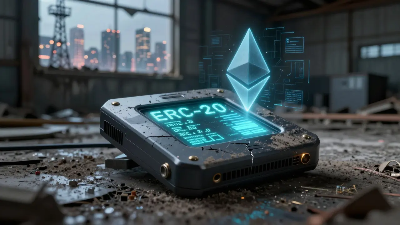 Dusty smart sensor in abandoned warehouse with faint Ethereum blockchain overlay.
