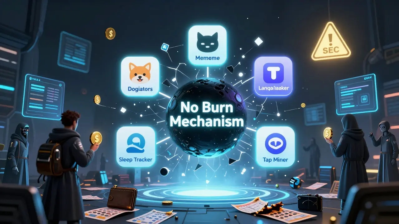 Five app icons orbit a black hole labeled 'No Burn Mechanism' amid chaotic token trading and a looming SEC warning.