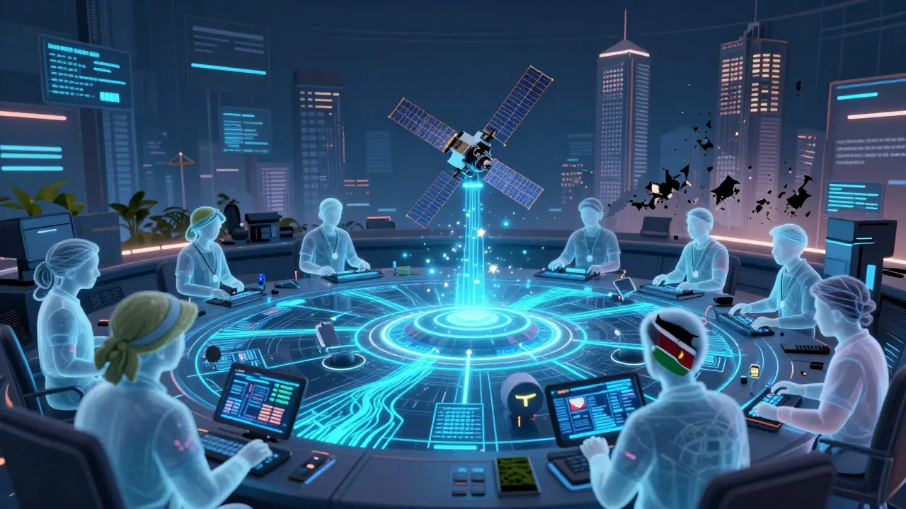 Global farmers watch as smart contracts automatically execute insurance payouts on a glowing blockchain network.