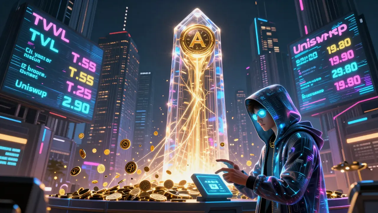 Glowing veAERO monument radiating energy to floating AERO tokens in a futuristic cyber-city.