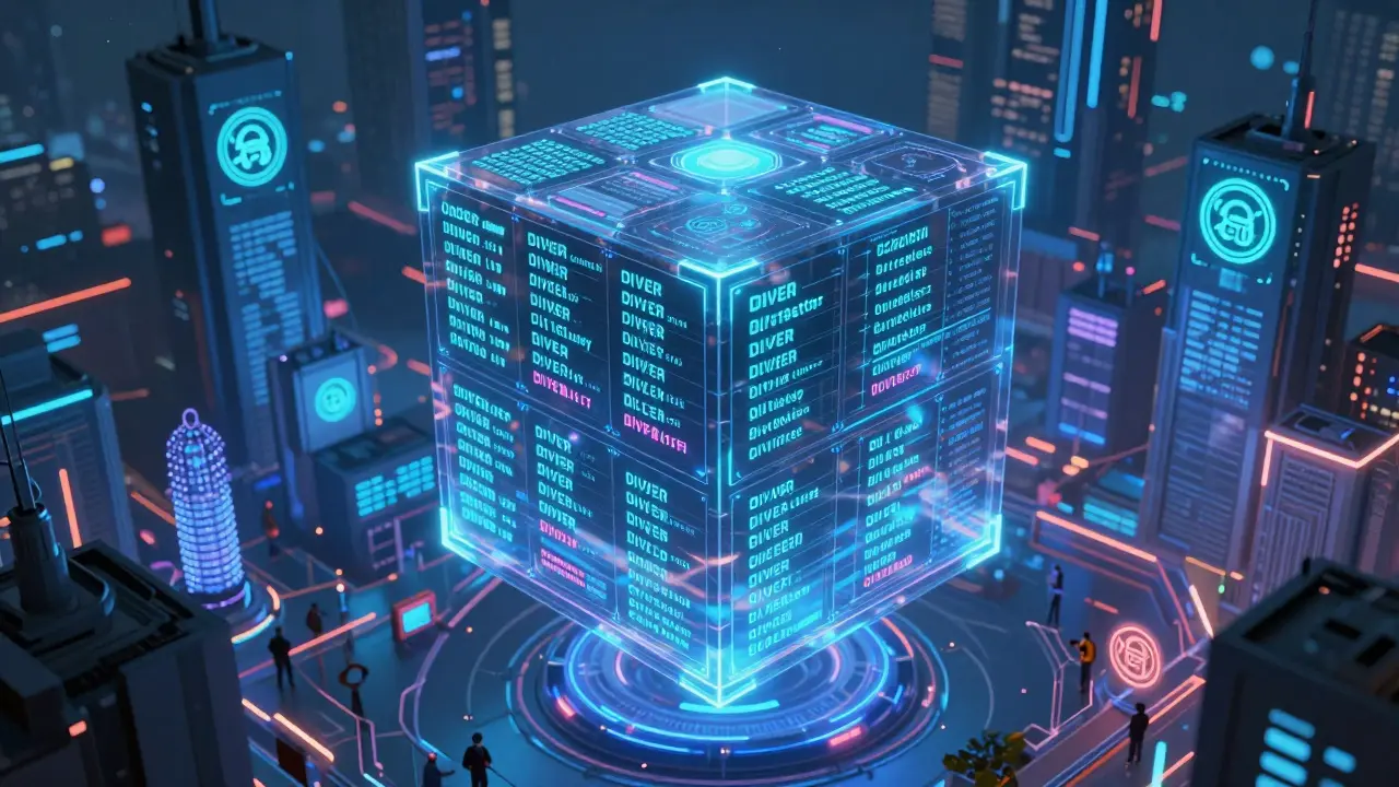 Governance cube glowing with weighted votes in a futuristic DeFi chamber.