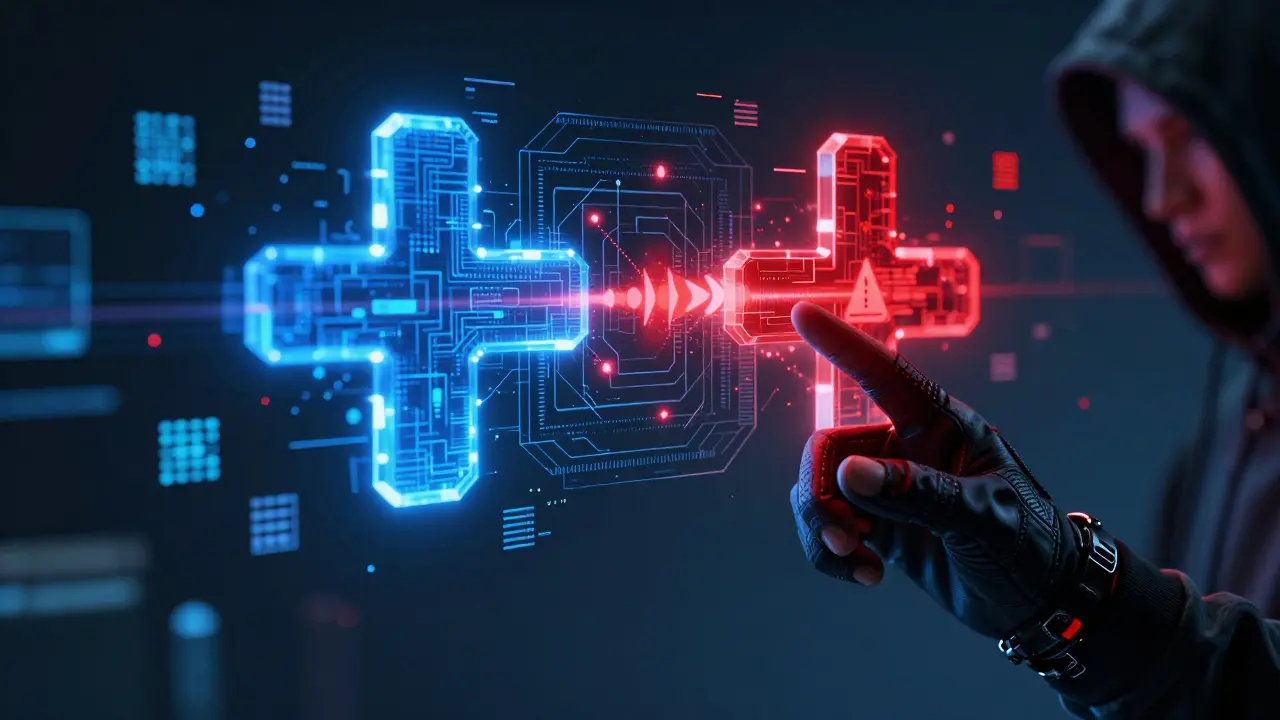 Hacker's hand triggering a cross-shard transaction with cryptographic alerts flickering.