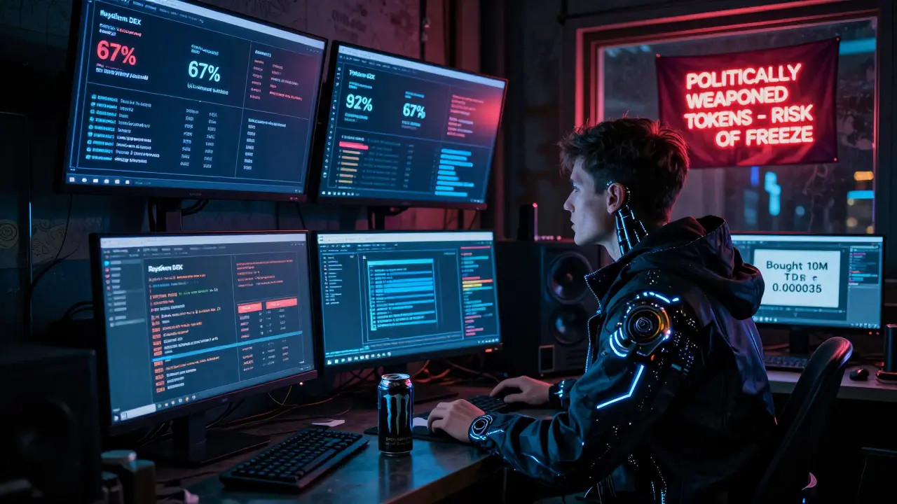 Hacker in a cyber jacket stares at monitors showing failed TDS trades and SEC warnings in a dim room.
