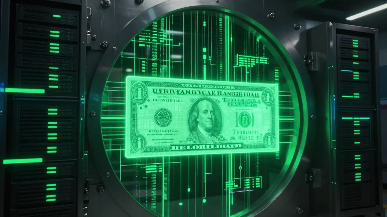 High-tech vault with abstract digital assets and neon data streams for reserves.