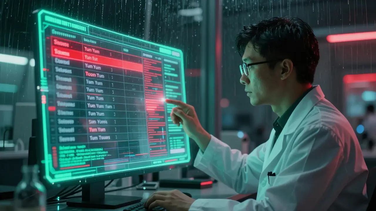 Holographic regulatory database missing Yum Yum details, neon green and crimson lighting.