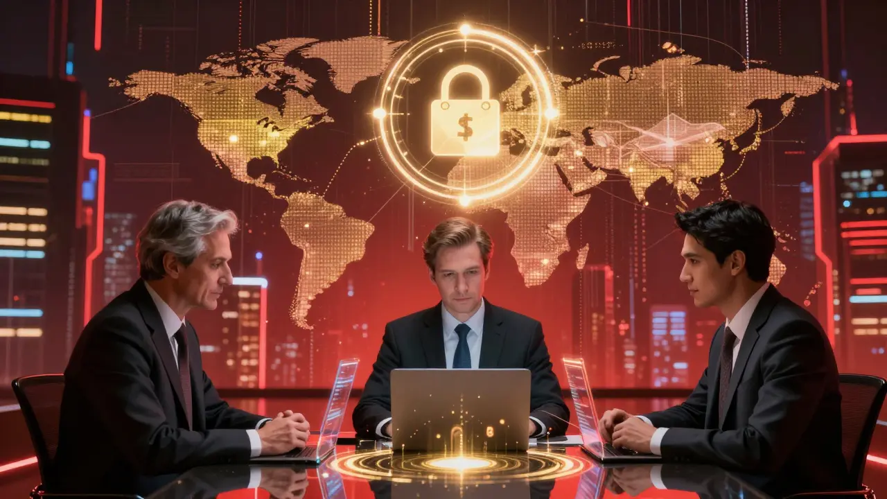 Holographic regulatory leaders connecting global markets with neon data streams.