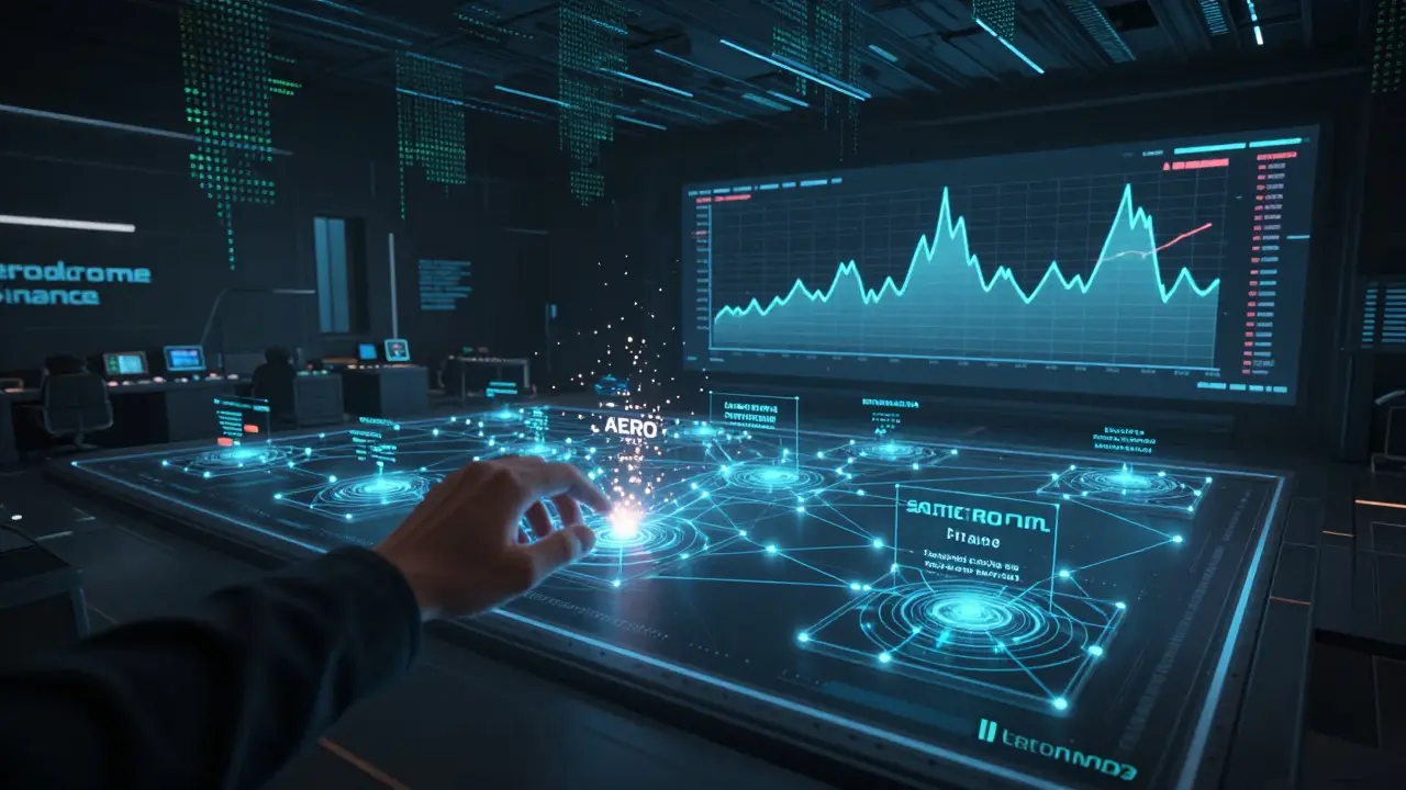 Immersive DeFi hub with floating trading pools and AERO price graph pulsing like a digital heartbeat.