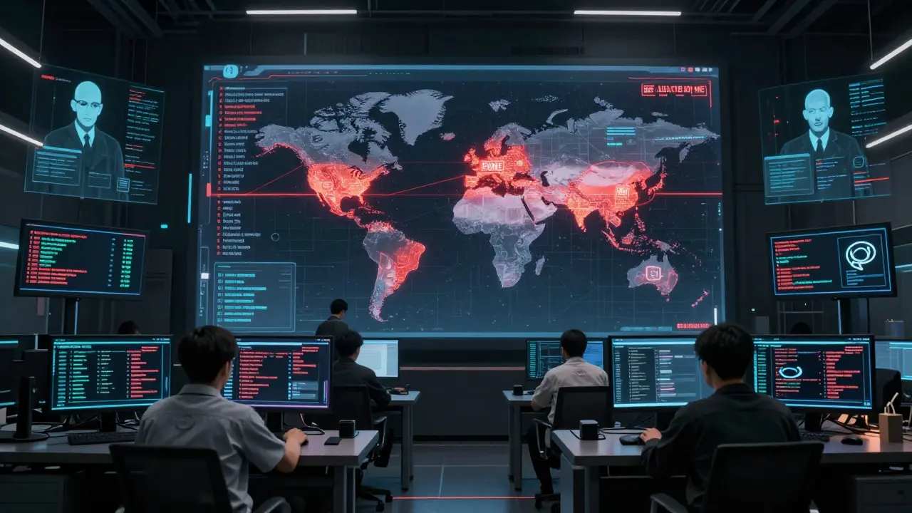 Inside a hidden DEX hub, workers monitor encrypted transaction flows with global trade hotspots glowing on holographic screens.