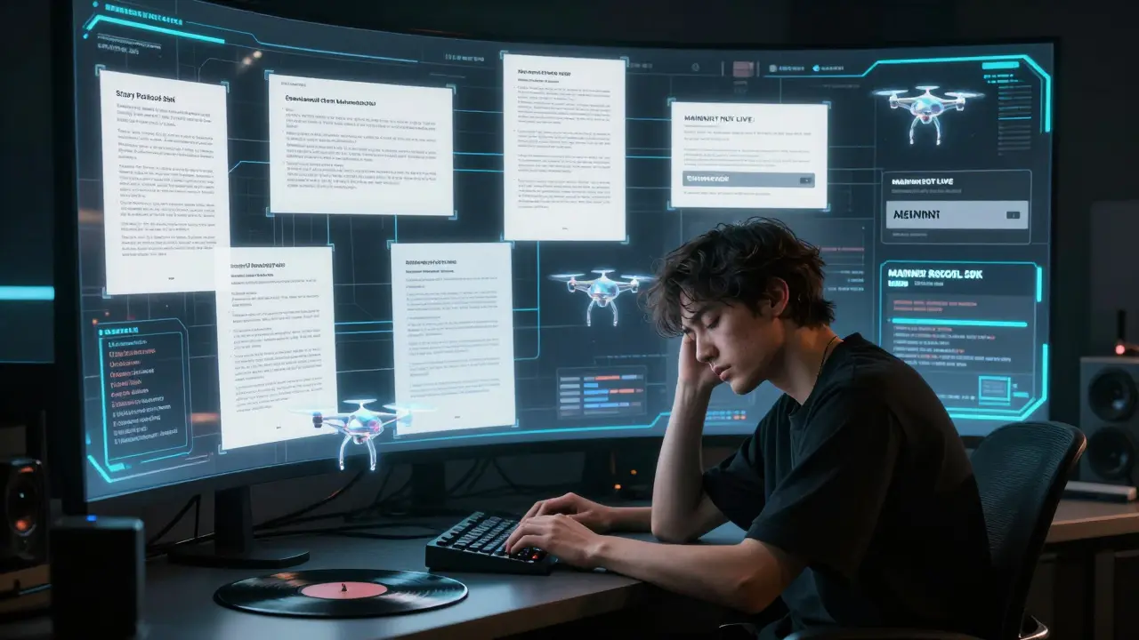 Musician at a terminal trying to tokenize a song, with grayed-out mainnet button and floating whitepapers.