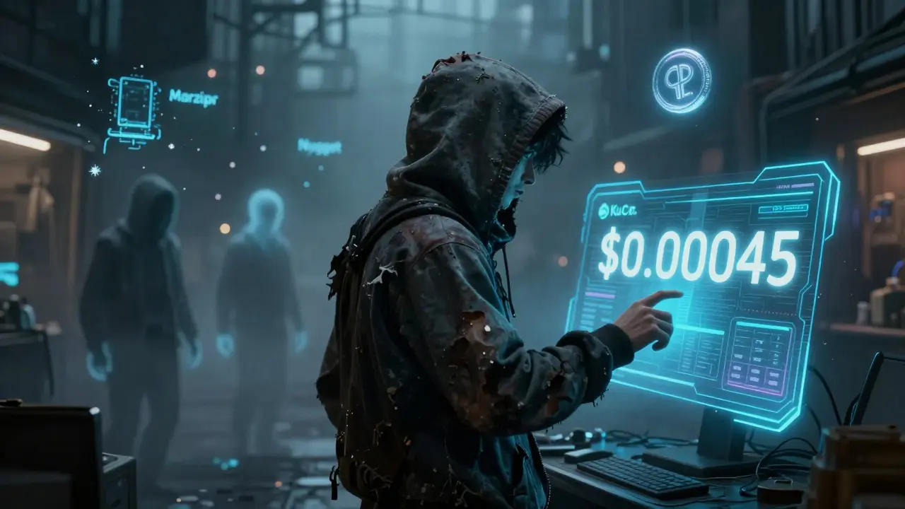 Person viewing CPC price on KuCoin terminal amid ghostly icons of failed projects.