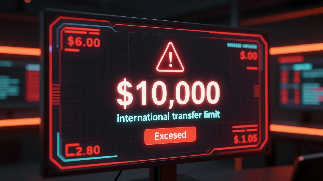 Red warning on digital transaction screen showing k transfer limit exceeded