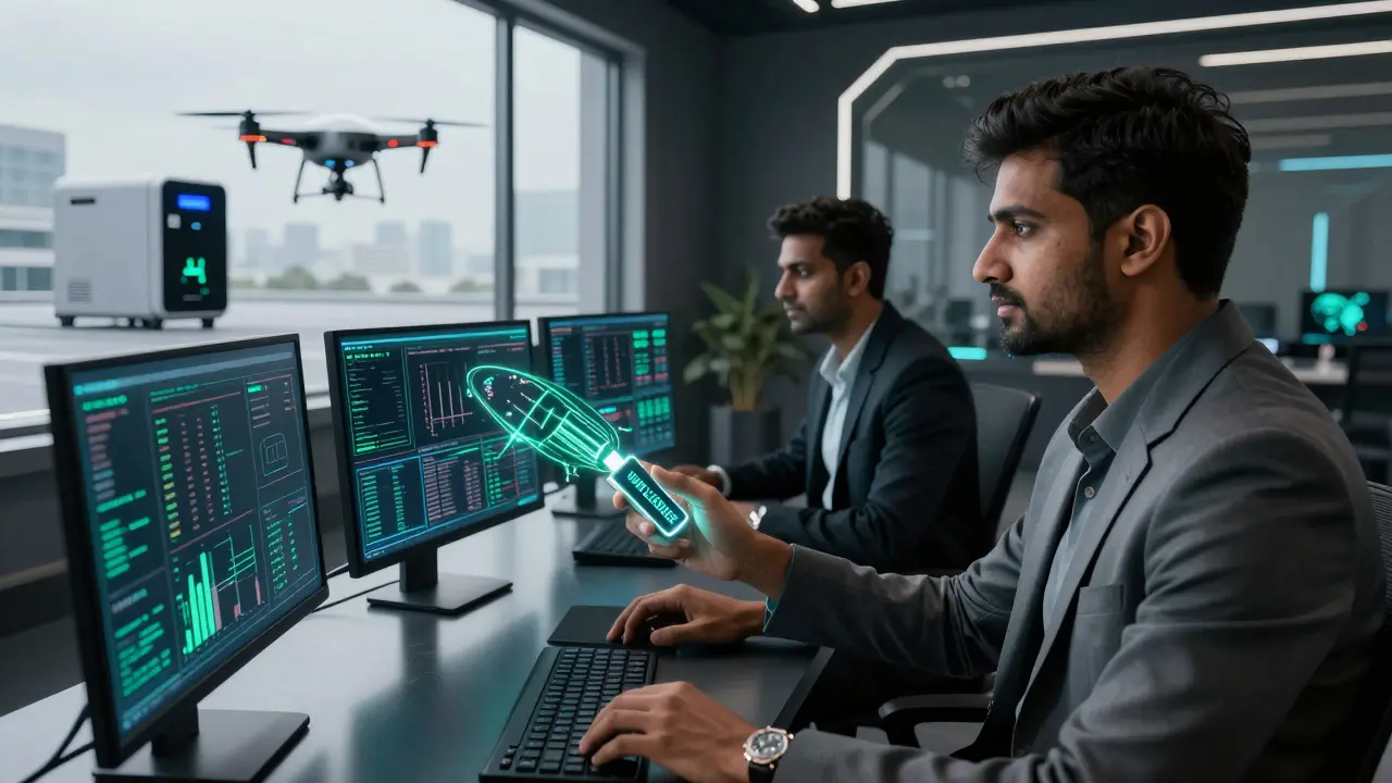 Three entrepreneurs in a high-tech Dubai trading firm monitoring crypto trades on transparent screens with VARA license in hand.