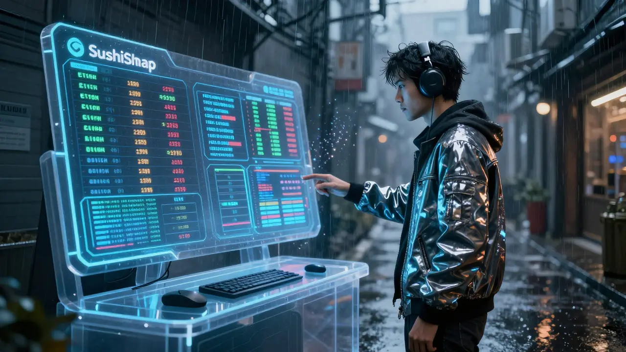 Trader interacting with SushiSwap terminal as DIVER reward particles rise from their wallet.