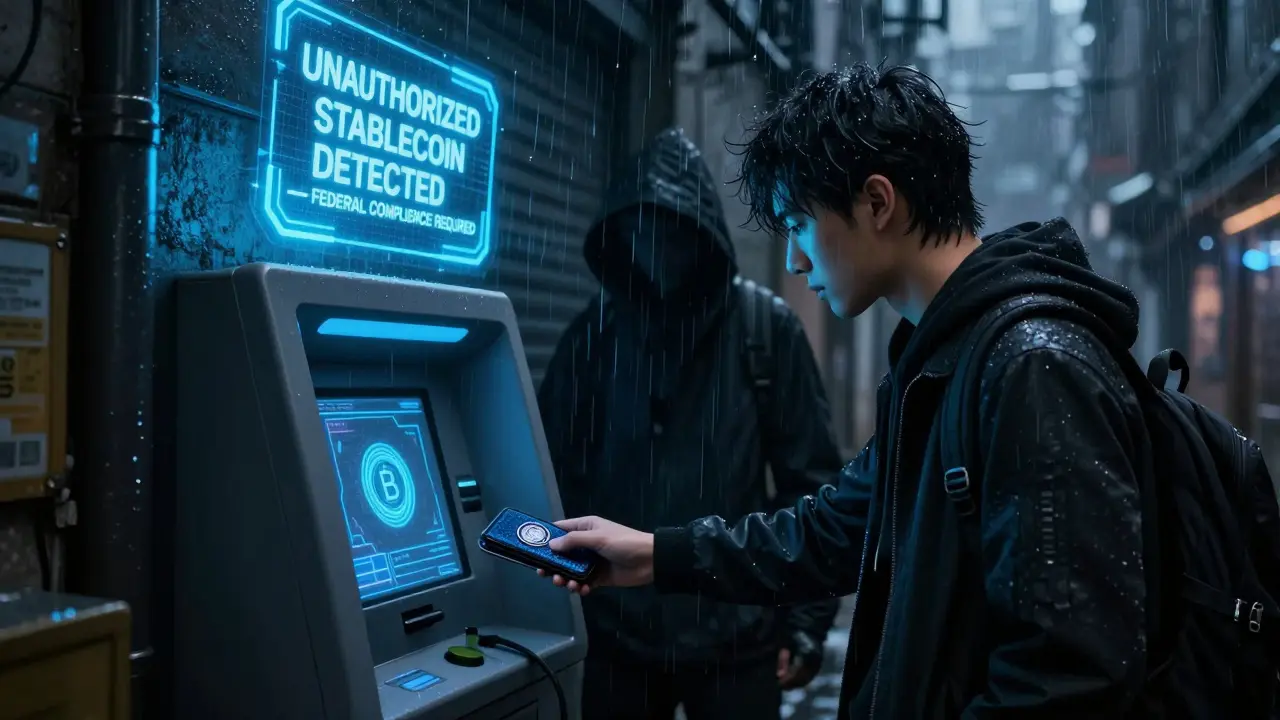 User validates a regulated stablecoin while an unapproved token is flagged by federal systems.