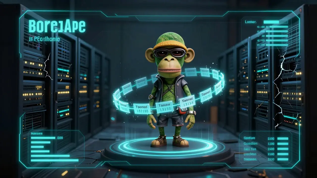 A Bored Ape NFT displayed in AR with its transaction history as a hologram, server farm flickering behind.