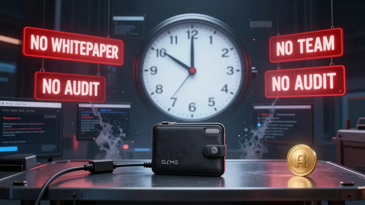 A burner wallet beside warning signs, as scam websites dissolve into pixels under a glowing token.