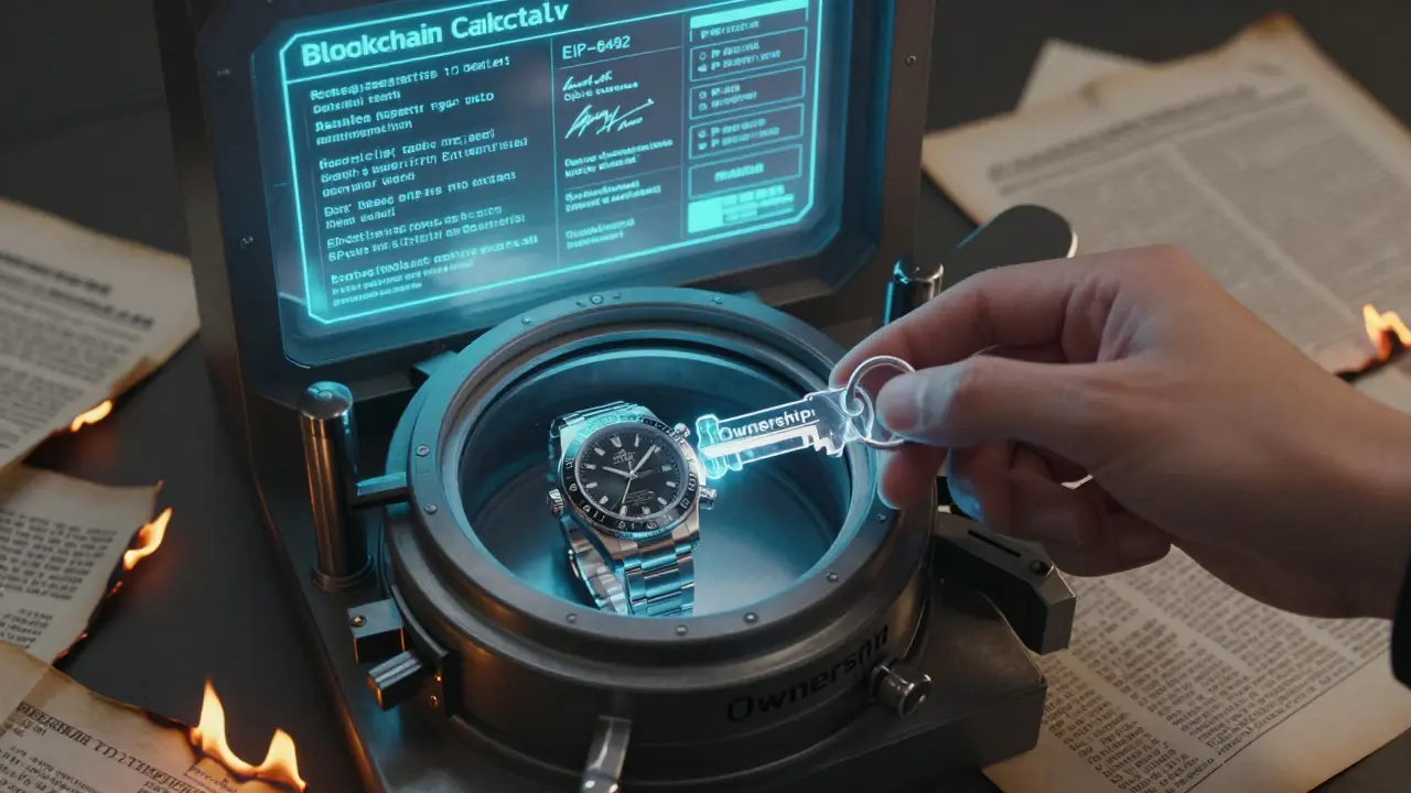 A code key unlocking a vault with a luxury watch, blockchain verification glowing above.