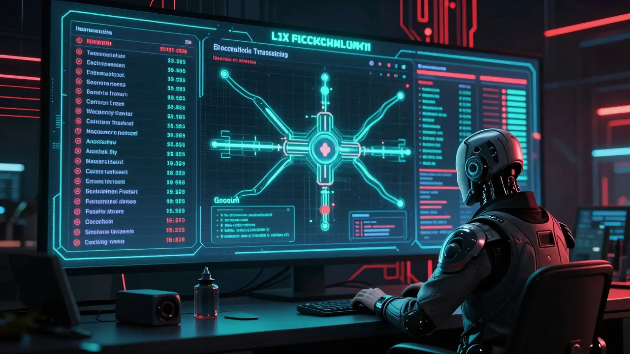 A compliance dashboard tracks real-time crypto flows with AI alerts flashing across multiple blockchains.