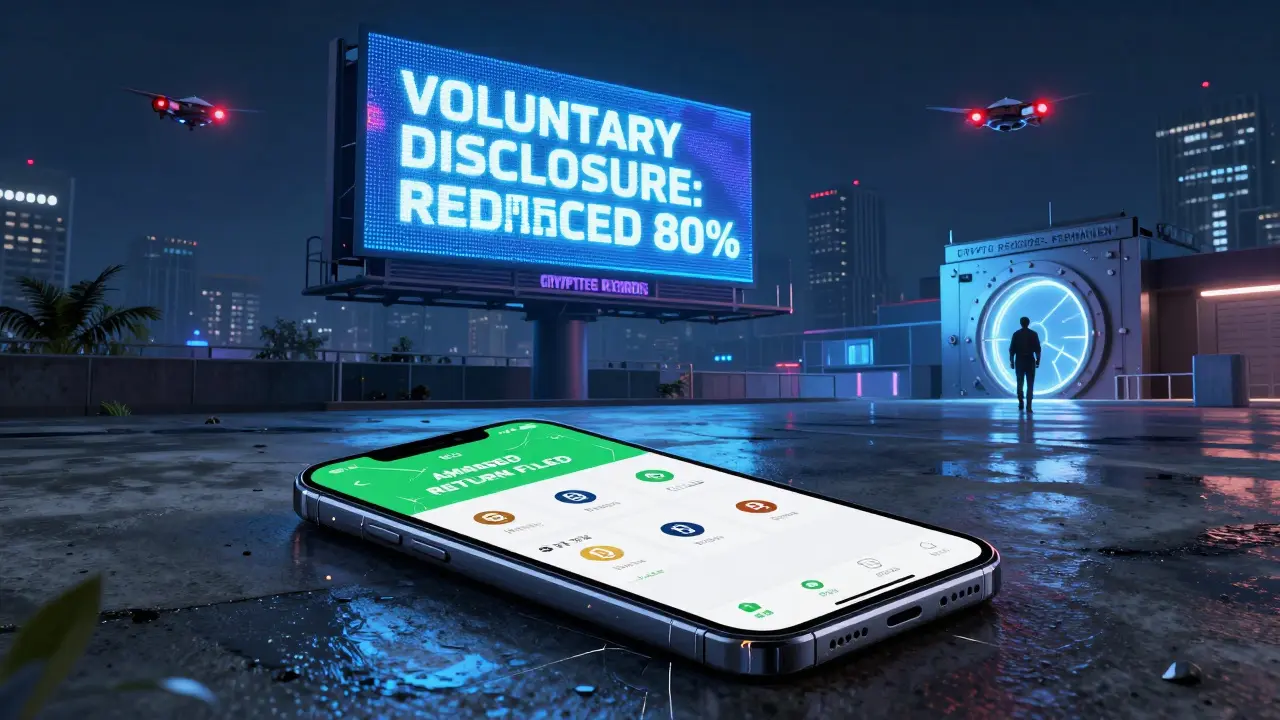 A cracked phone shows 'AMENDED RETURN FILED' as a billboard advertises reduced penalties for voluntary disclosure.