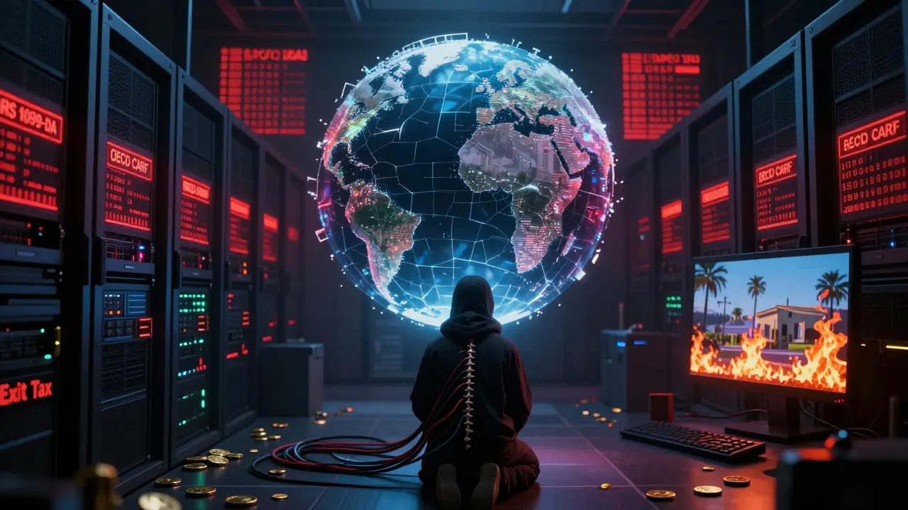 A figure connected to global tax servers, their body merging with data streams as their home country burns in pixelated reflection.