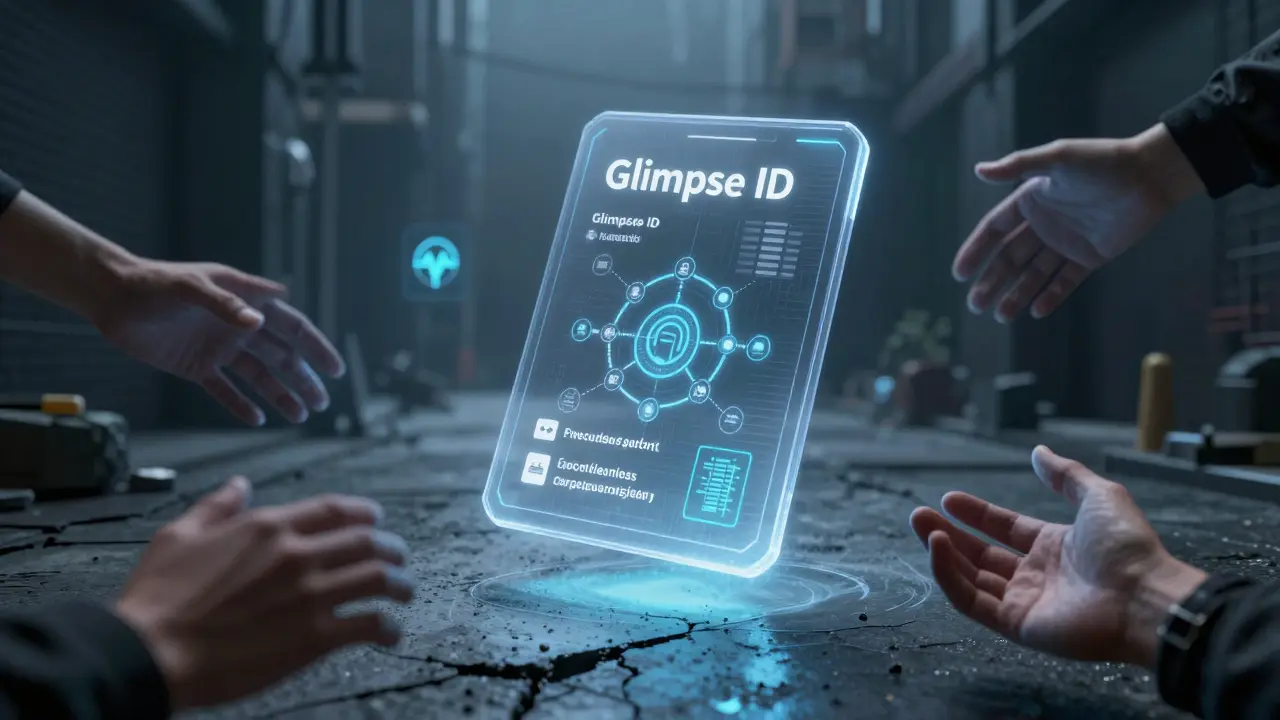 A floating crypto passport with identity nodes, surrounded by hands offering truth and theft.
