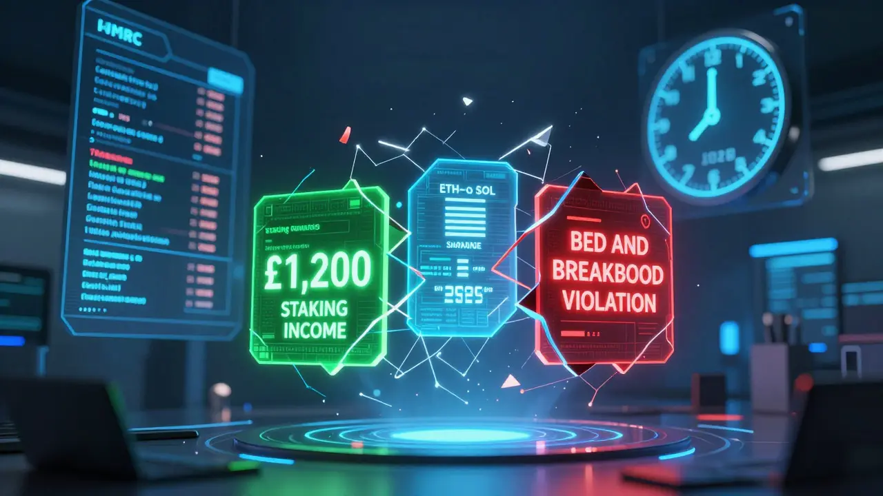 A floating digital ledger with glowing crypto transaction shards and a countdown to 2026 compliance.