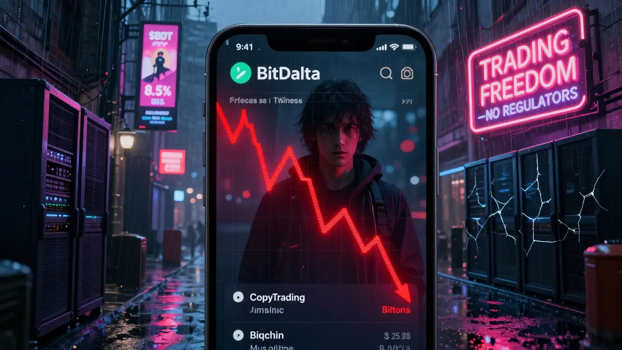 A frozen BitDelta app during a market crash, showing red errors while a user stares at their reflection surrounded by staking ads.